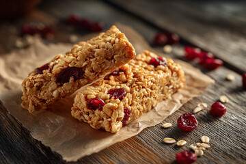 Granola bars with cranberries on rustic wooden surface.