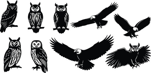 Set of owl and eagle silhouettes, flying birds of prey vector illustration, wild animal black icons.