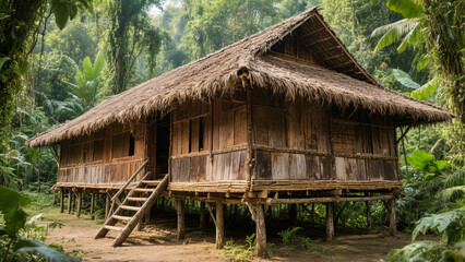 A traditional wooden stilt house with a thatched roof is situated in a lush, green, tropical environment, accessible by a wooden staircase leading up to its elevated platform.