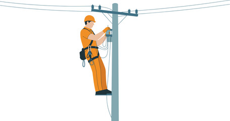 Utility worker, electrical lineman, safety harness, helmet gear, power line maintenance, electricity distribution, energy infrastructure, industrial repair, engineering work, urban technology