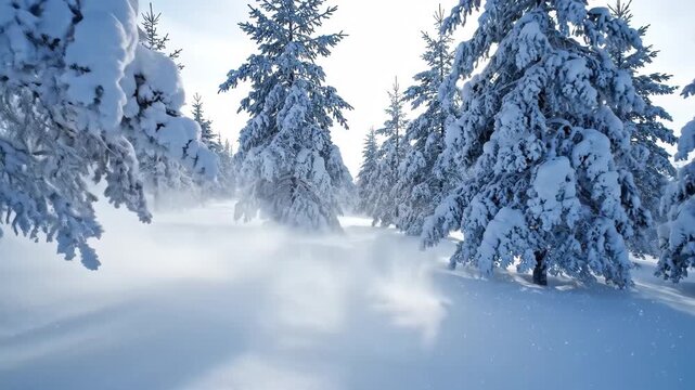Winter wonderland scene with snow covered trees and sunlight filtering through, offering a serene and peaceful holiday vibe