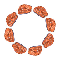 Salmon fillet slice wreath in flat style. Design for fish and sea food restaurant menu, flyer, card isolated on a white background.