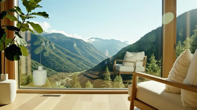 Modern wooden armchair and fiddle leaf fig plant inside a room with large window overlooking a lush green mountain valley landscape