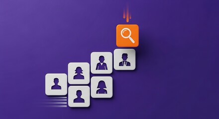 Obraz premium Human Resources and Recruitment Concept: Magnifying Glass Searching for Talent Icons on Purple Background
