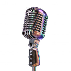 Fototapeta premium Vintage microphone with an iridescent metallic finish exudes glamorous retro vibe. This classic audio music equipment for performance on transparency background