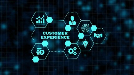 Customer experience concept with hexagonal icons for business strategy, data analysis, target achievement, idea generation, financial growth and process optimization on a dark digital background - Powered by Adobe