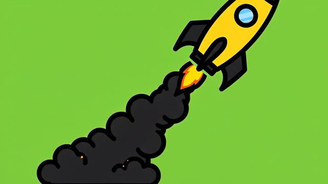 Cartoon yellow rocket launching upwards with black smoke against green background