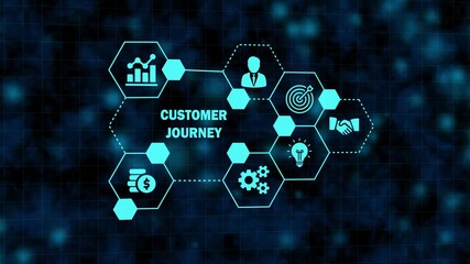 Abstract digital concept of customer journey mapping with glowing blue neon icons in hexagons connected by lines on a dark blue background, representing stages like analysis, user, goal, idea, process - Powered by Adobe