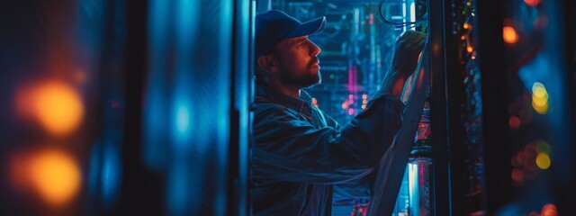 Technician Conducting Server Repairs in Dimly Lit Data Center with Colorful Lighting Effects