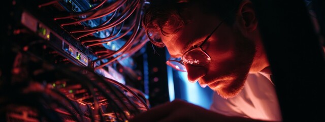 Technician Working on a Server Rack in a Dimly Lit Environment, Focusing on Repairs and Maintenance Tasks