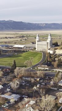 Beautiful aerial view of the Mormon Temple in Manti Utah