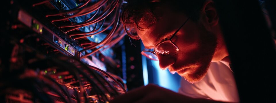 Technician Working on a Server Rack in a Dimly Lit Environment, Focusing on Repairs and Maintenance Tasks