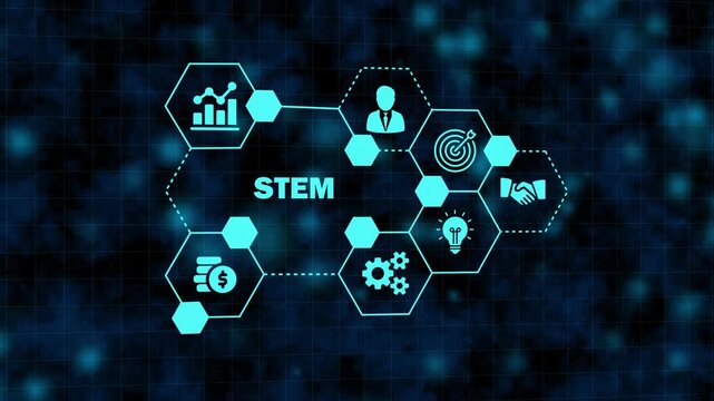 Abstract glowing blue hexagon network diagram with the word stem in the center, representing science, technology, engineering, and mathematics concepts in a digital background