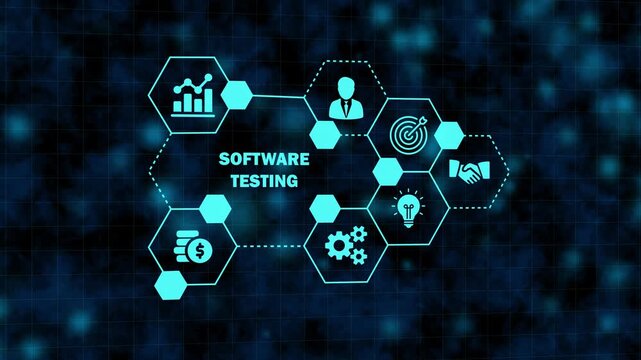 Software testing concept with hexagon network diagram and icons for quality assurance, development process, business goals, idea, and finance