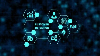Digital concept of customer retention strategy with glowing blue neon icons in hexagons connected by lines on a dark blue technological background, business concept illustration