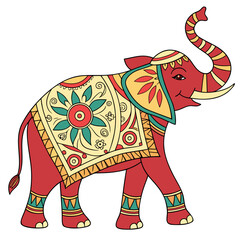 A colorful, stylized illustration of a decorated Indian elephant. The elephant is red with intricate traditional patterns in yellow, teal, and orange on its blanket, head, and legs. It walks.