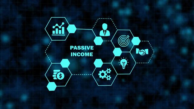 Digital concept of passive income with glowing blue hexagonal network diagram showing icons for growth chart, businessman, target, handshake, lightbulb, gears, and money stack