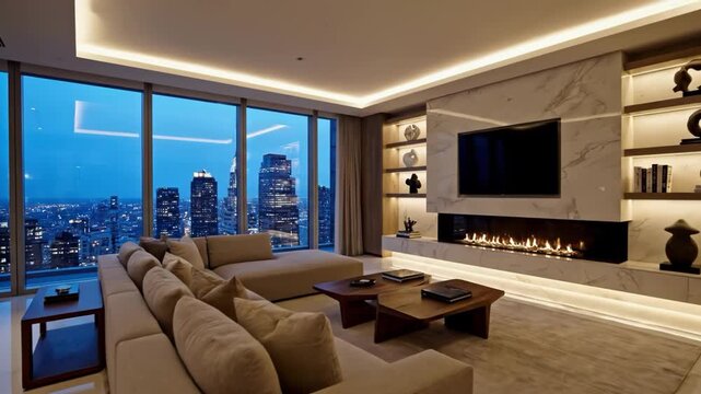 Luxury modern living room interior with large windows showcasing a stunning nighttime cityscape view of new york city