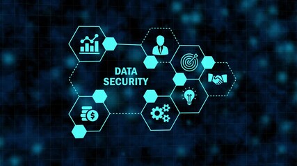 data security interface with hexagonal business icons. virtual business monitor focusing on digital defense. strategic security interface with connected hexagonal nodes. - Powered by Adobe