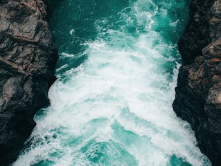 Obraz premium Aerial view of turquoise water crashing against dark rocky cliffs, creating a dynamic contrast between land and sea.