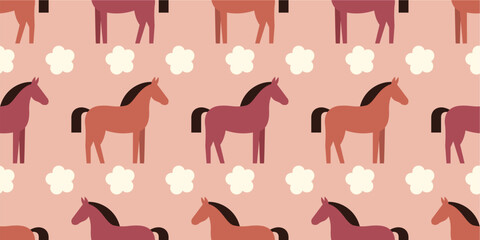 Modern Pastel Horse and Sakura Seamless Pattern – Minimal 2D Flat Illustration