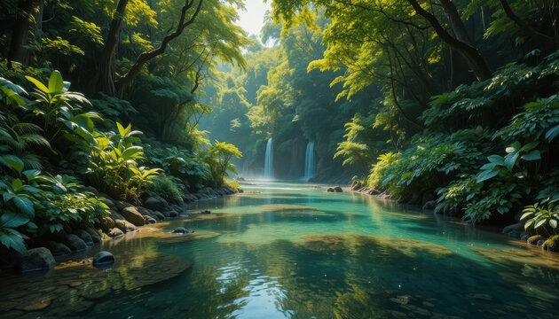 Turquoise river flowing through a lush green tropical forest - Powered by Adobe