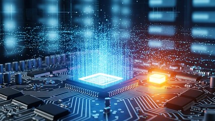 Futuristic Technology - Glowing Microchip on Circuit Board with Data Streams.