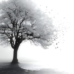 Lonely tree silhouette blowing leaves away high resolution photo