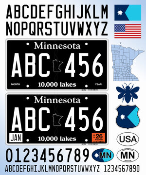 Minnesota car license plate blackout style, letters, numbers and symbols, vector illustration, USA, United States
