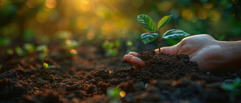 Hand nurturing a small plant in soil with soft sunlight and green foliage