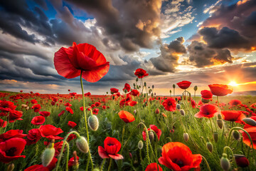 landscape photo of endless red poppies swaying in the wind