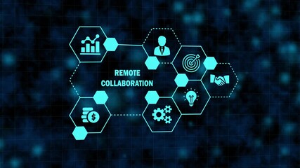 remote collaboration data visualization with innovation symbols. virtual business monitor focusing on online partnership. blue glowing hexagon background for distributed workforce. - Powered by Adobe