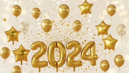 Golden 2024 Balloons and Confetti - A Festive New Year Celebration.