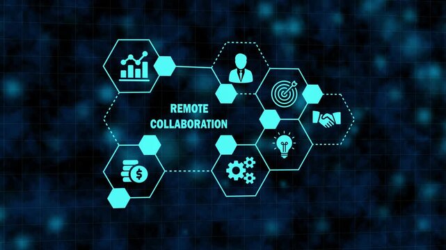 remote collaboration data visualization with innovation symbols. virtual business monitor focusing on online partnership. blue glowing hexagon background for distributed workforce. - Powered by Adobe