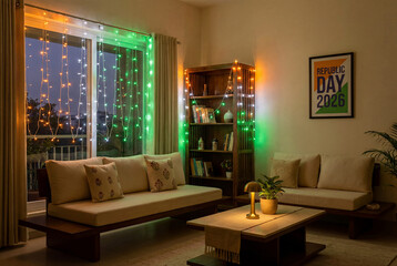 Tricolor LED String Lights in an Indian Living Room for Republic Day 2026 with Modern Furniture and Evening Home Decor