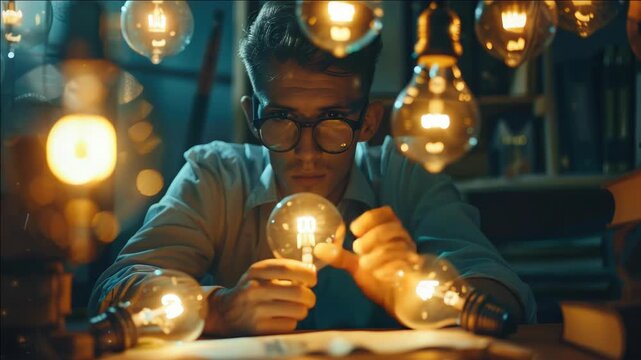 Man Examining Light Bulbs with Glasses in Dark Room