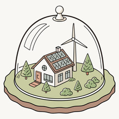 A charming illustration of a sustainable eco friendly home with solar panels and a wind turbine under a glass dome © dddd