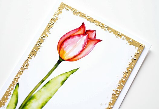 Elegant Handmade Greeting Card with Watercolor Tulip Design and Embellished Border on White Background for Special Occasions or Sentimental Messages