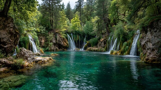 scenic waterfall landscape with turquoise river and forest, peaceful nature scene with cascading falls and greenery, tranquil forest waterfall with clear blue water - Powered by Adobe