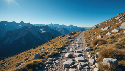 Rocky trail winding up a mountain with distant mountain range