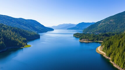A breathtaking aerial view of a serene lake surrounded by lush green mountains under a clear blue sky.