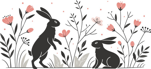 Black Rabbit Silhouettes with Floral & Botanical Elements Minimal Vector Animal Clipart Set”