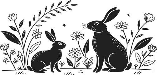 Black Rabbit Silhouettes with Floral & Botanical Elements Minimal Vector Animal Clipart Set”