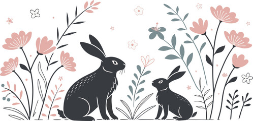 Black Rabbit Silhouettes with Floral & Botanical Elements Minimal Vector Animal Clipart Set”