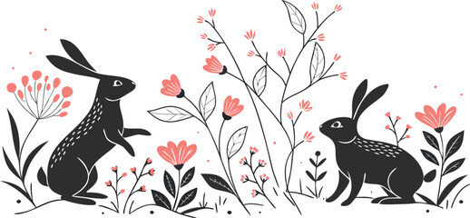 Black Rabbit Silhouettes with Floral & Botanical Elements Minimal Vector Animal Clipart Set”