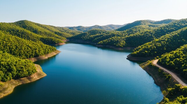 A serene aerial view of a tranquil lake surrounded by lush green hills under a clear blue sky.