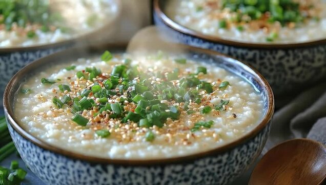 Delicious and Healthy Rice Porridge with Fresh Green Herbs and Sesame Seeds.