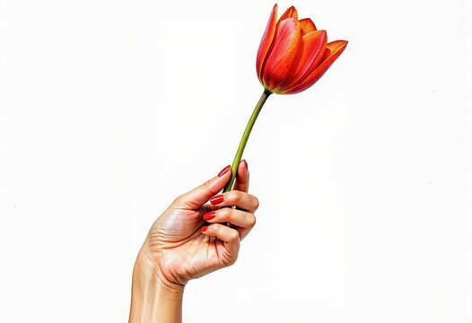 Delicate red tulip gracefully held by a hand with matching nail polish on a pristine white background captures elegance and natural beauty