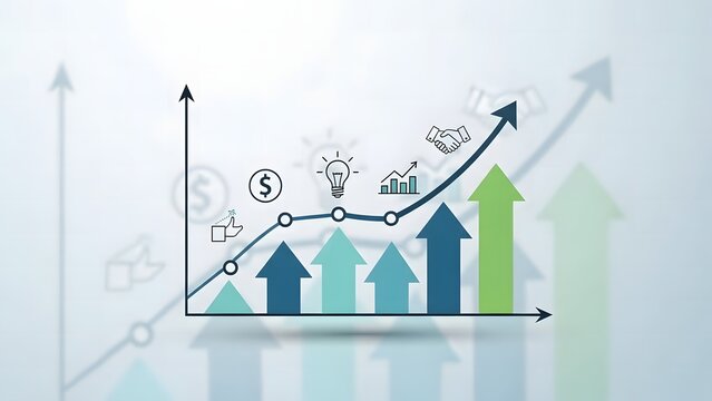 Financial growth chart with currency symbols and rising arrows