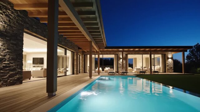 Luxury modern villa exterior at twilight featuring a wooden deck, stone wall accent, and illuminated swimming pool with interior view